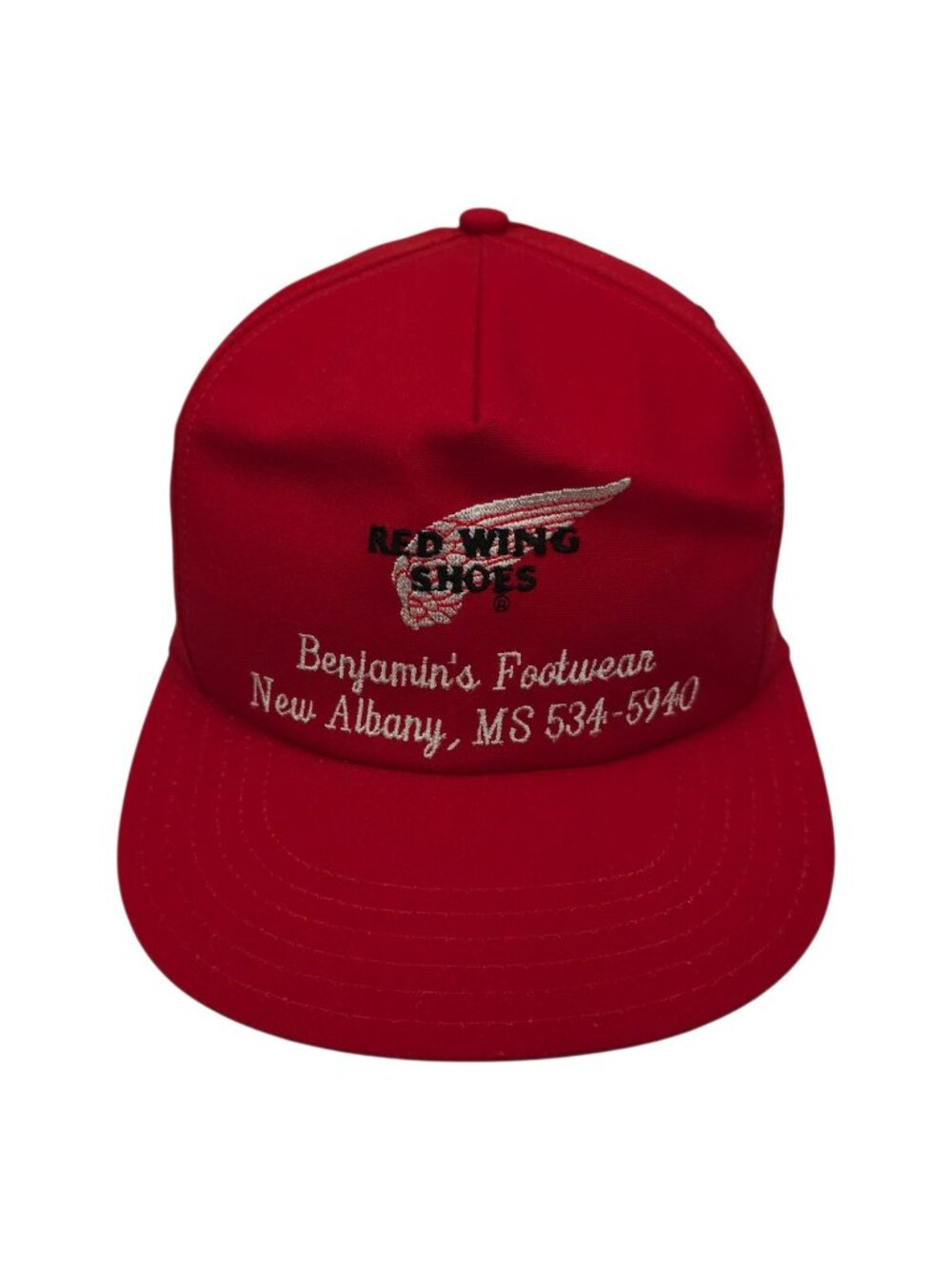 Red Wing Shoes Hat Snapback Cap VTG Benjamins Footwear New Albany MS Red Trucker